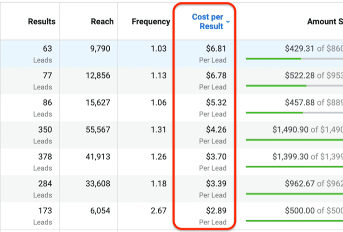 Facebook Ads dashboard showing leads from $2.89 to $6.81 per lead